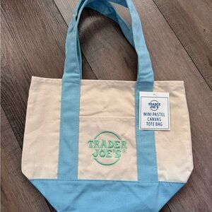 Trader Joe's Mini Pastel Canvas Tote Bag in Light Blue and Cream